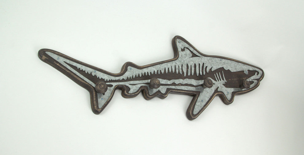 33 Inch Distressed Wood Shark Wall Hook Rack Metal Accents Ocean Art Sculpture