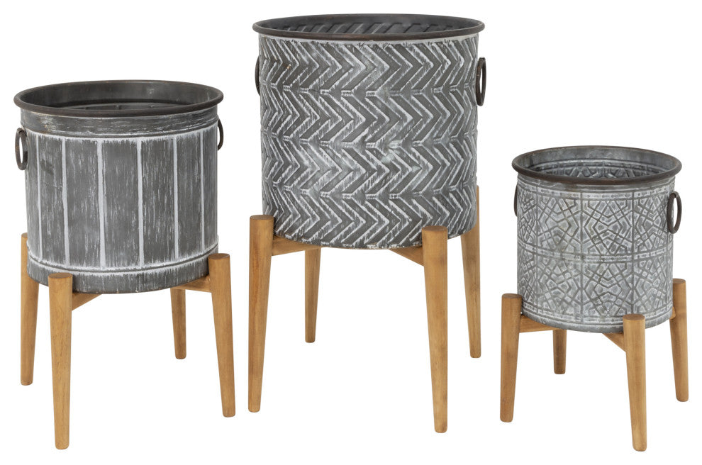 Set of 3, Assorted Metal Planters, Stands