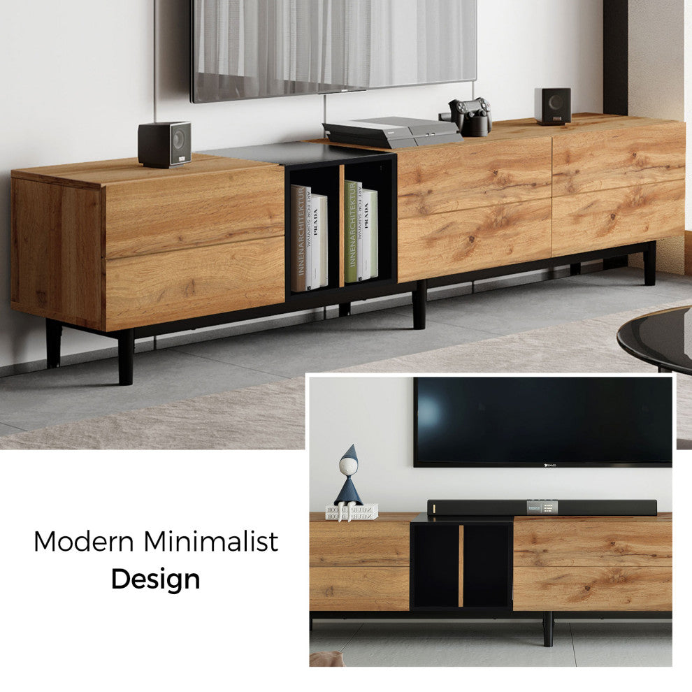 TATEUS 80" TV Stand With Large Storage Cabinet, Combining Style, Natural Wood