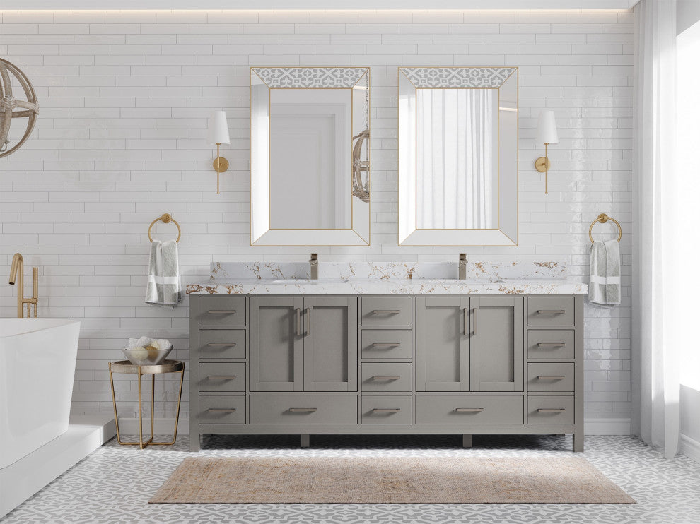 Malibu 84 Double Sink Bath Vanity in Elephant Skin Gray 2" Viola Gold