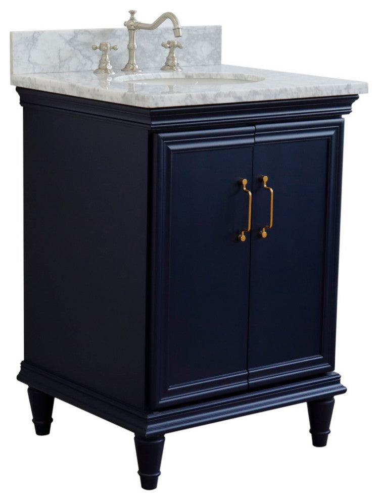 25" Single Vanity, Blue Finish With White Carrara And Oval Sink
