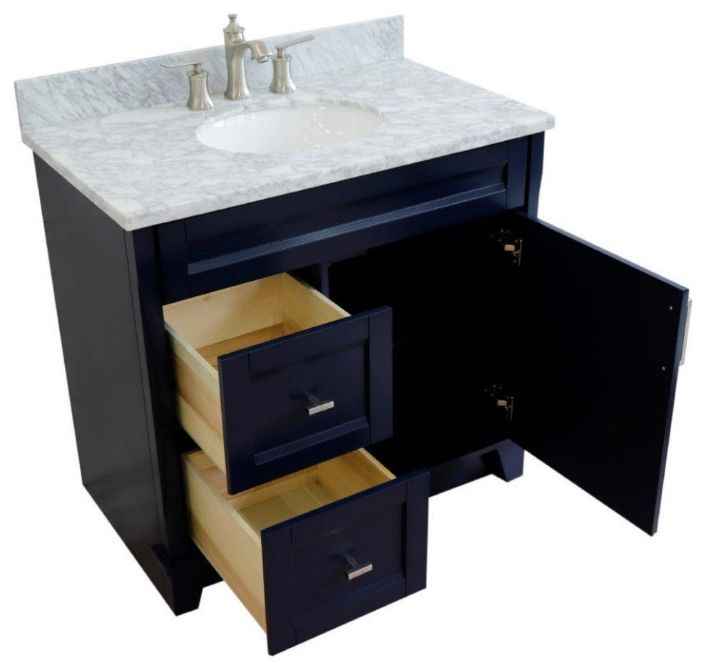 37" Single Sink Vanity, Blue Finish With White Carrara Marble