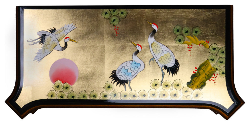 Empire Style Oriental Cabinet, Black lacquer With Gold Leaf Handpainted, 32"