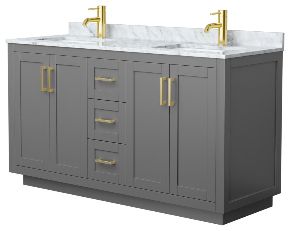 60" Double Bathroom Vanity, Dark Gray, Carrara Countertop, Sinks, Gold Trim