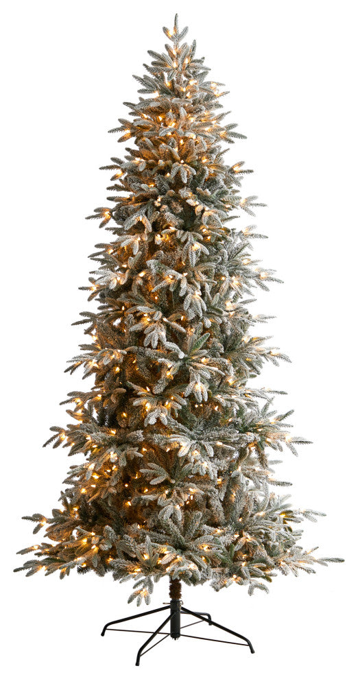 8.5' Flocked Manchester Spruce Faux Xmas Tree W/ 550 Lights & Bendable Branches