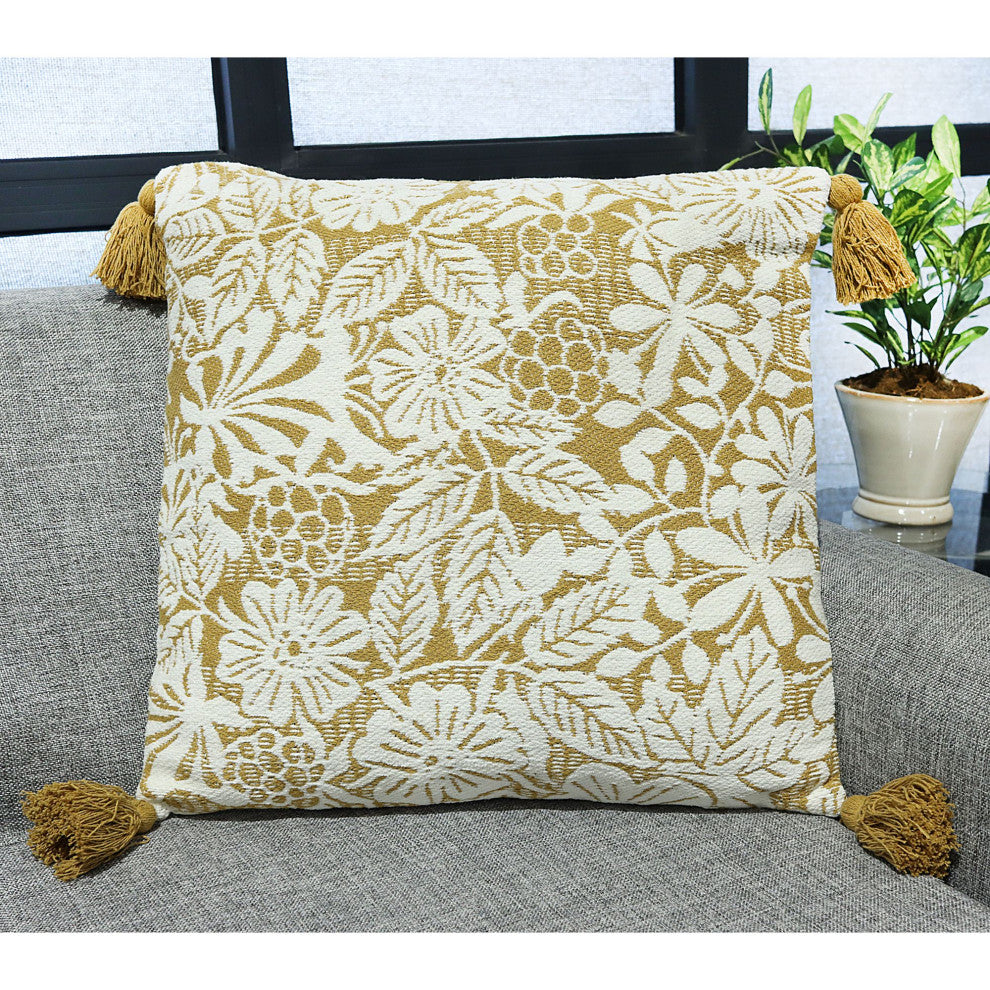 Mustard Machine Woven with Tassels Rubus Throw Pillow, 20" x 20"