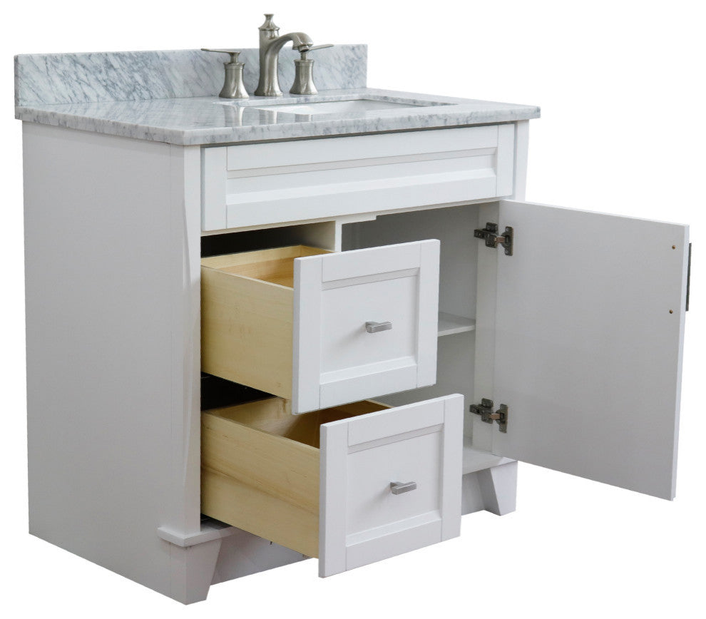 37" Single Sink Vanity, White Finish Top With White Carrara Marble