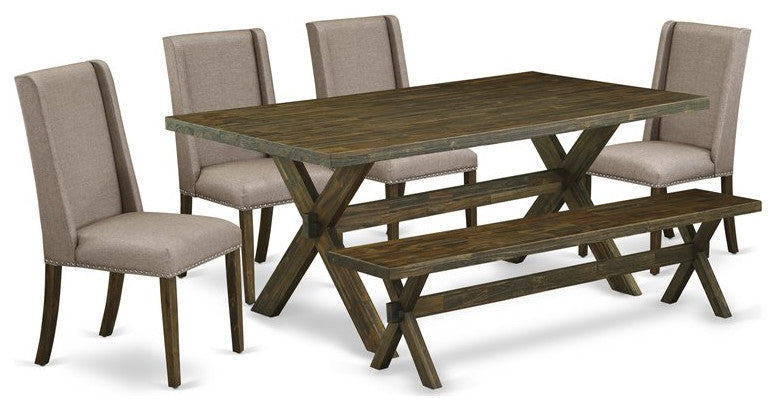 6-Piece Set, Dark Khaki Seat Chair Chairs, Bench and Top Table, and Jacobean