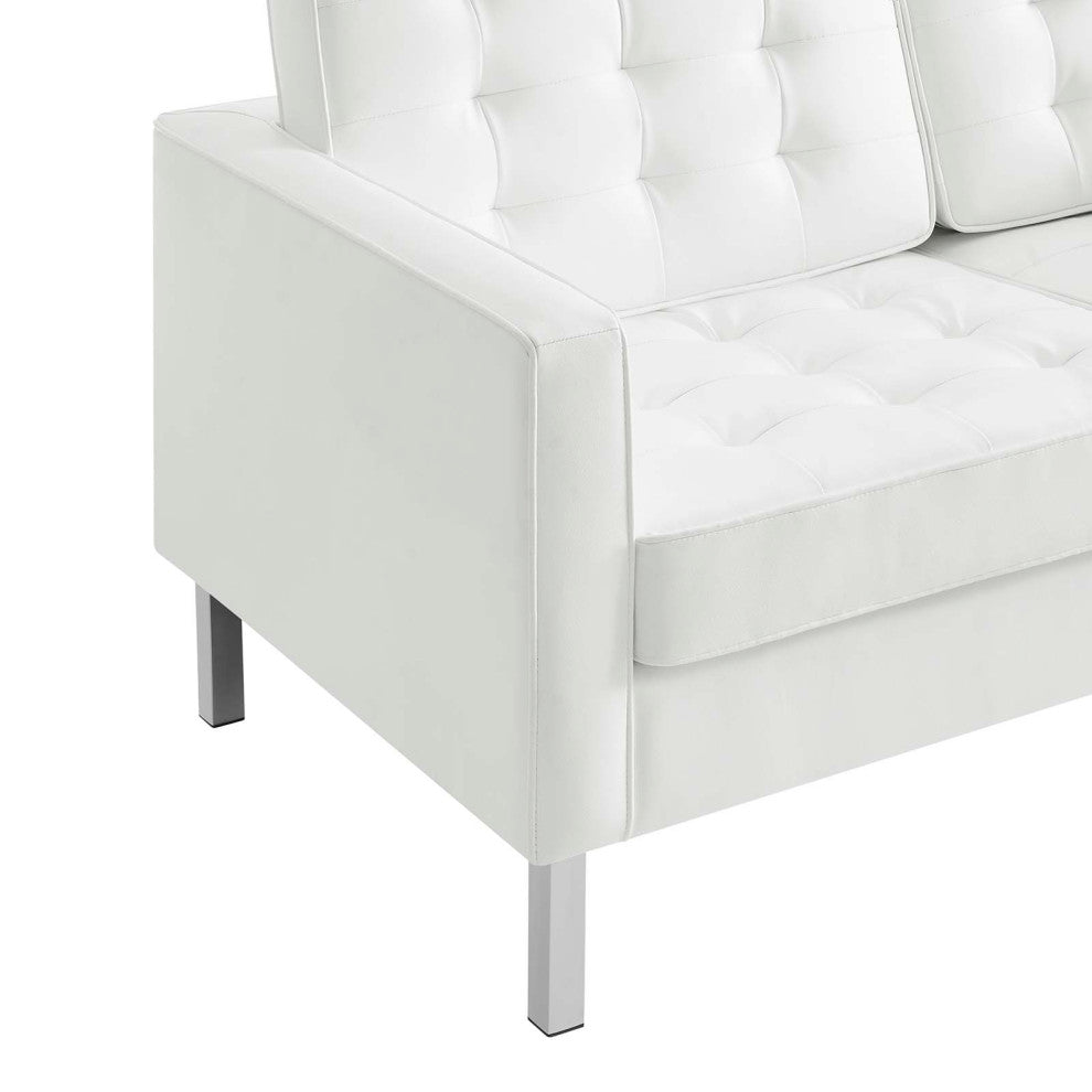 Modern Designer Lounge Loveseat Sofa, Faux Vinyl Leather, Grey Gray Silver, White