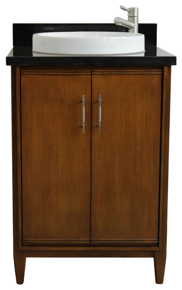 25" Single Sink Vanity, Walnut Finish With Black Galaxy Granite and Round Sink