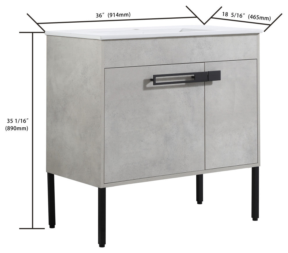 Freestanding/Floating Bathroom Vanity With white Ceramics Top, Grey, 36"
