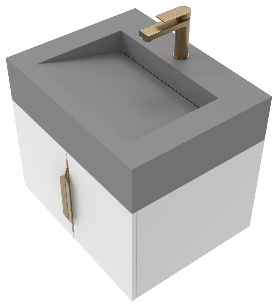CastelloUSA Nile 24" Wall Mounted Bathroom Vanity Set, White, Gray Top, Gold Handles