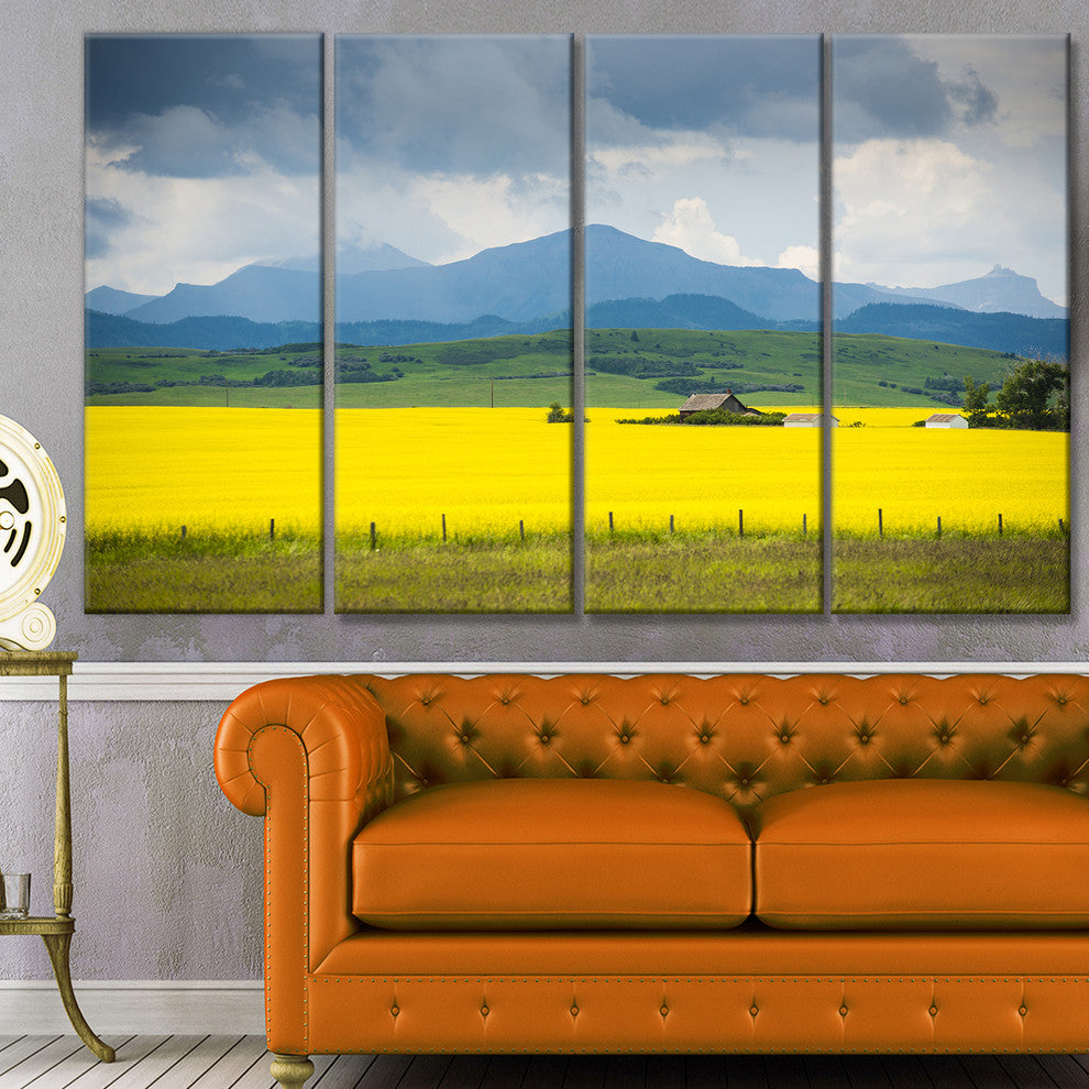 Farm House in Field Of Canola, Landscape Canvas Art Print, 48"x28", 4 Panels