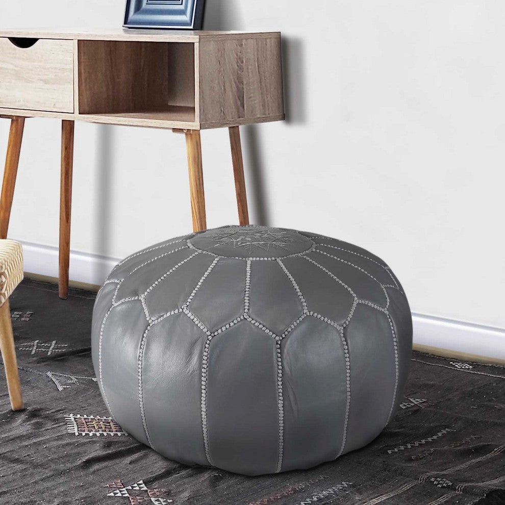 Handmade Moroccan Ottoman, Genuine Leather Pouf, Gray & White