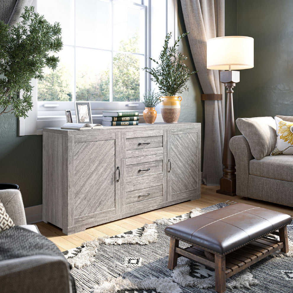 Sideboard, Console Table Or Buffet With Three Drawers & Four Shelves, Gray Wash