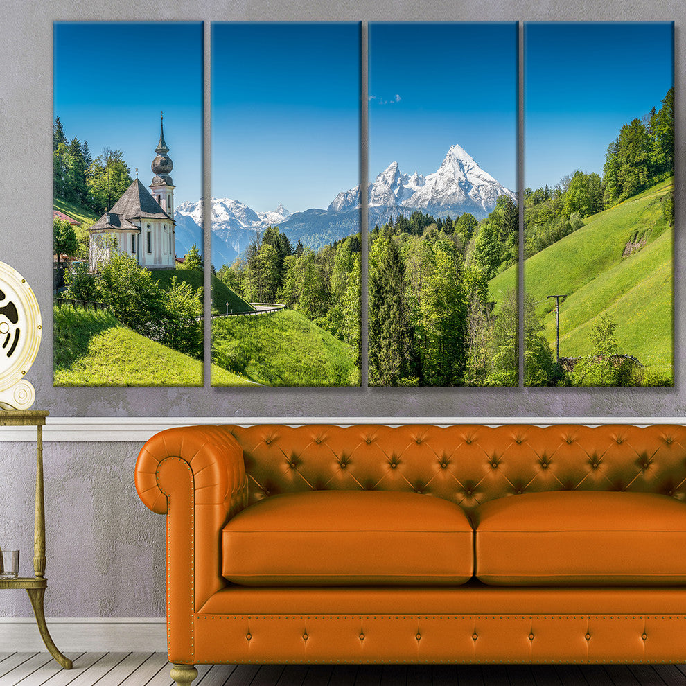Green Mountain View of Bavarian Alps, Landscape Canvas Print, 48"x28", 4 Panels