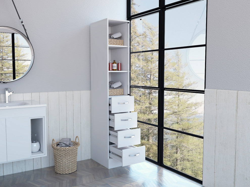 Preston Linen Cabinet with 3 Shelves, 4 Drawers, and Glass Door, White