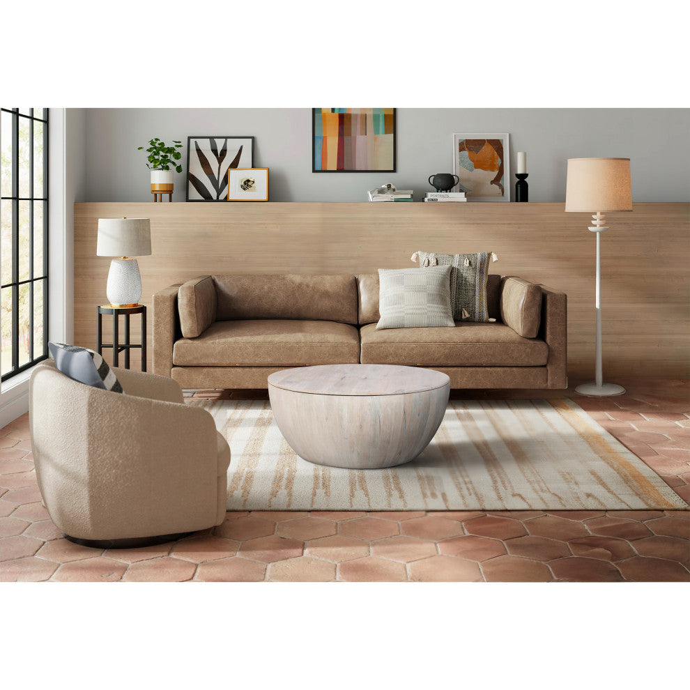 37" Round Coffee Table Handcrafted Drum Shape With Storage Washed White