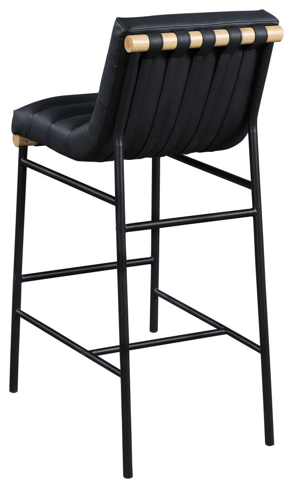 Burke Upholstered Bar Stool, Black, Vegan Leather, White Oak Veneer Metal Dowel