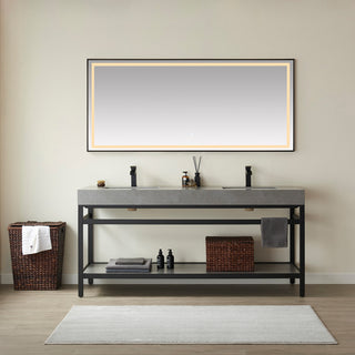 Funes Bath Vanity with Mirror, Matte Black Support, 72" Double Sink, Grey Stone Top