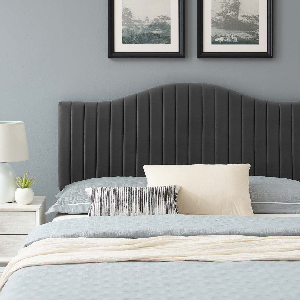 Tufted Platform Bed Frame, King Size, Velvet, Gray, Modern Contemporary