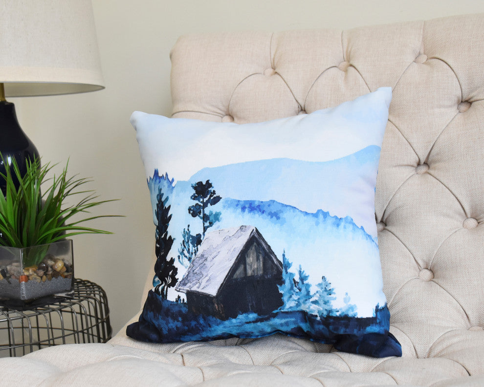 Cabin in the Woods 26" Blue Holiday Print Decorative Throw Pillow