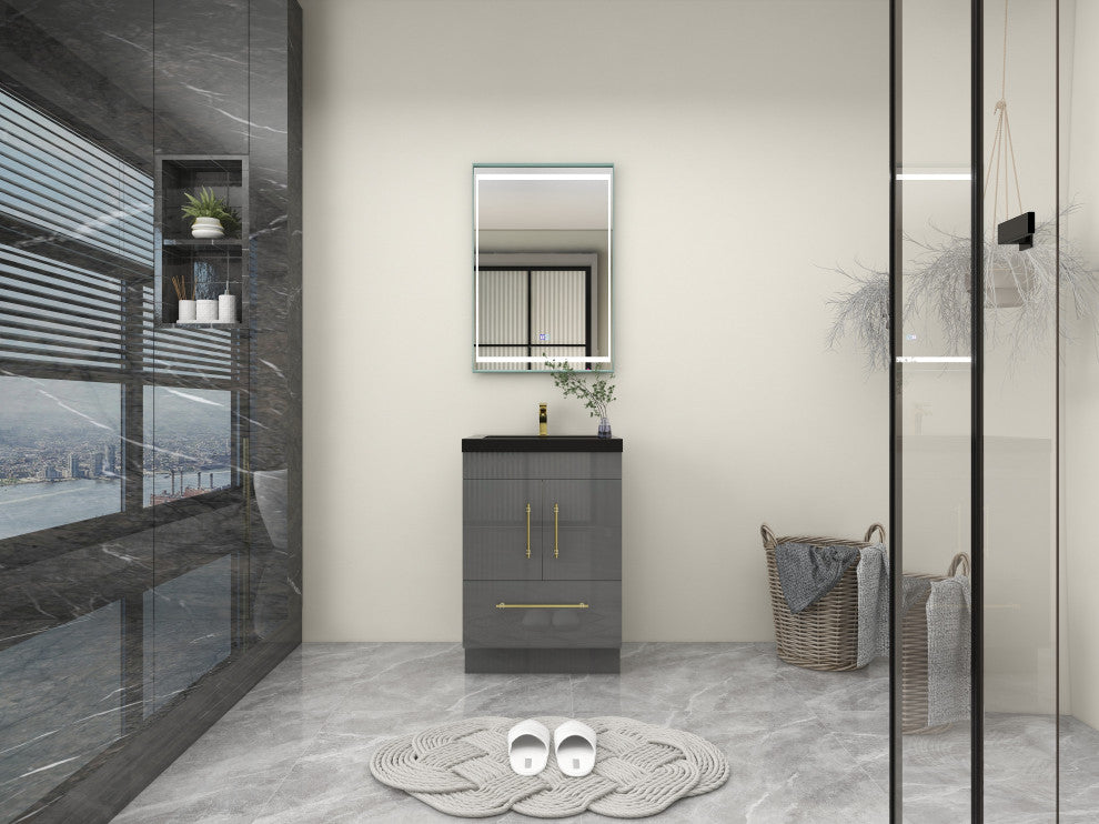 Rosa 24" Free Standing Modern Vanity, High Gloss Gray, Matt Black Top