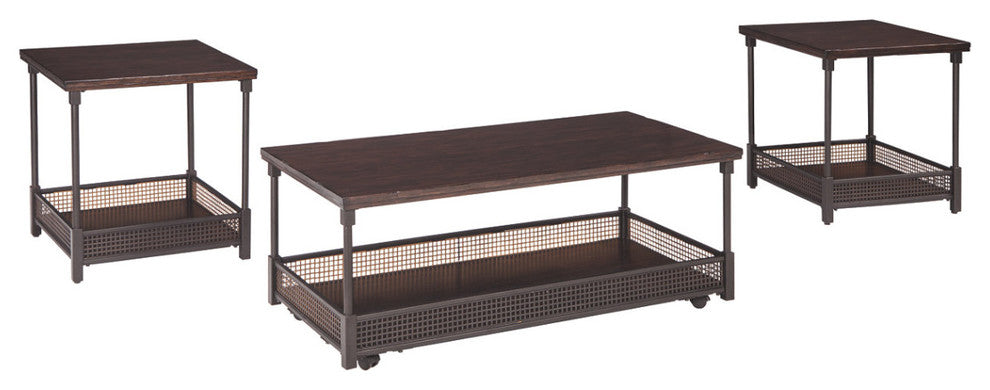 Wooden Top Table Set with Undermount Metal Shelve Set of Three Brown and Bronze