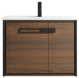 Oakville Wall Mount Bathroom Vanity, Walnut Ebony, 30", Black Hardware