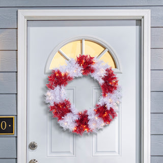 24" Pre-lit Red and White Wreath With B/O LED Clear and Multicolor Lights
