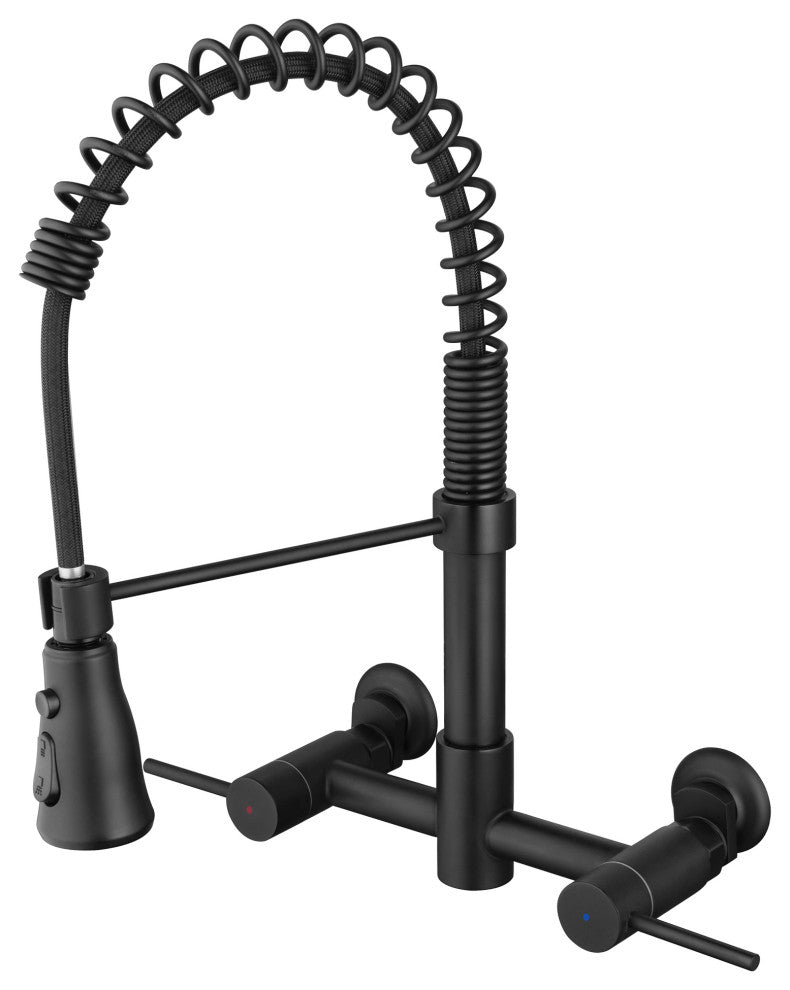 Wall Mounted Bridge Kitchen Faucet With 3 Function Sprayer And Spring Spout, Mat