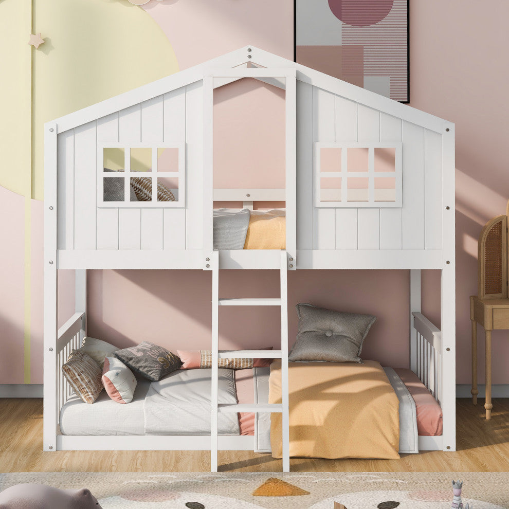 Gewnee Wood Twin Over Twin House Bunk Bed With Ladder in White