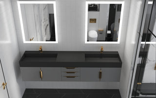 CastelloUSA Amazon 84" Wall Mounted Vanity Set, Gray, Black Top, Gold Handles