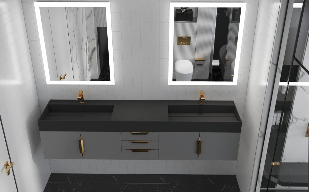 CastelloUSA Amazon 84" Wall Mounted Vanity Set, Gray, Black Top, Gold Handles