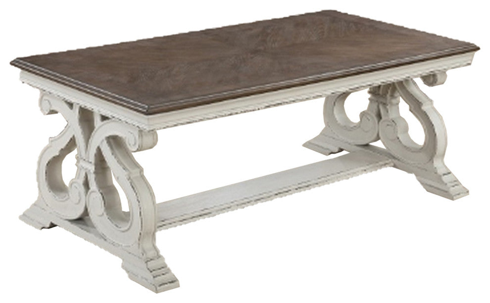 Benzara BM232872 Dual Tone Wooden Coffee Table With Scroll Base, White and Brown