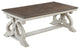 Benzara BM232872 Dual Tone Wooden Coffee Table With Scroll Base, White and Brown