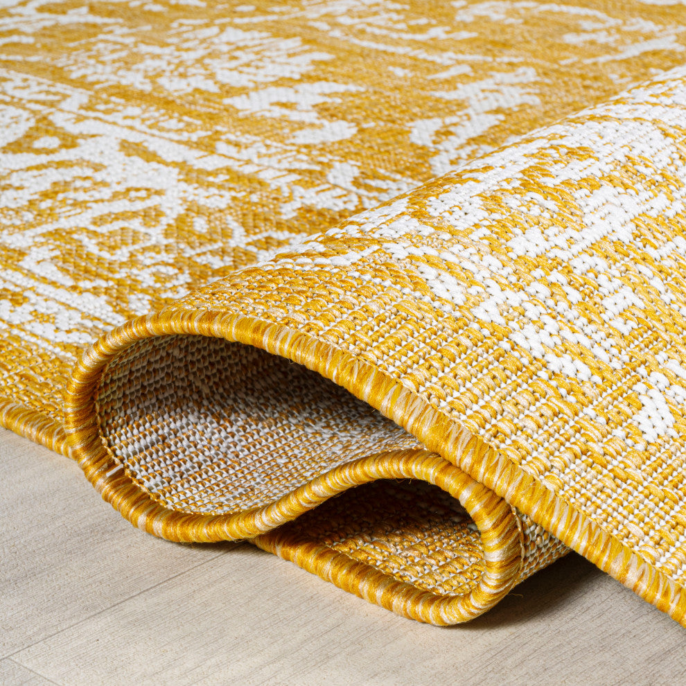 Tela Boho Textured Weave Floral Indoor/Outdoor Rug, Yellow/Cream, 5' Square