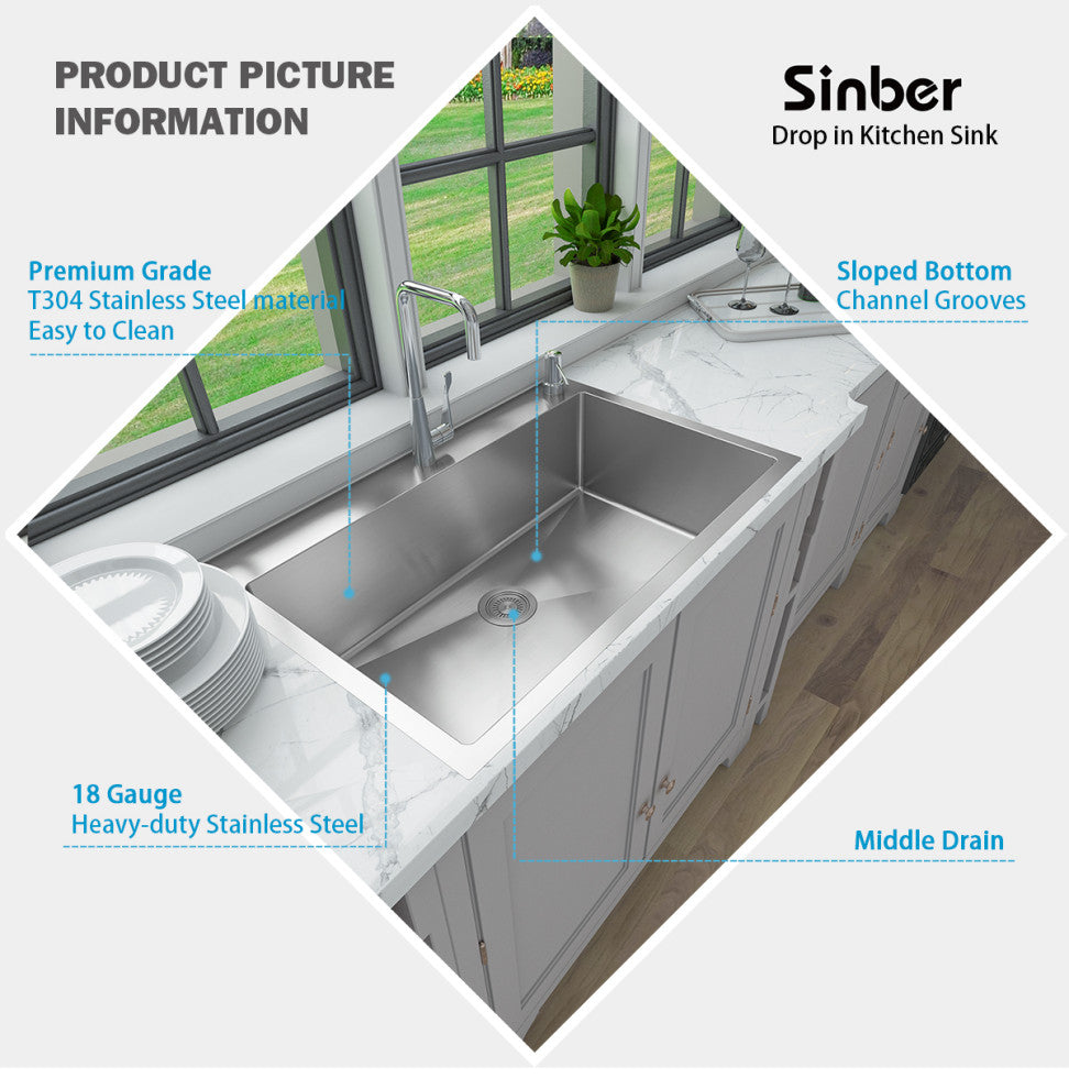 Sinber Single Bowl Kitchen Sink with 304 Stainless Steel Satin Finish, 33"x22", Drop in