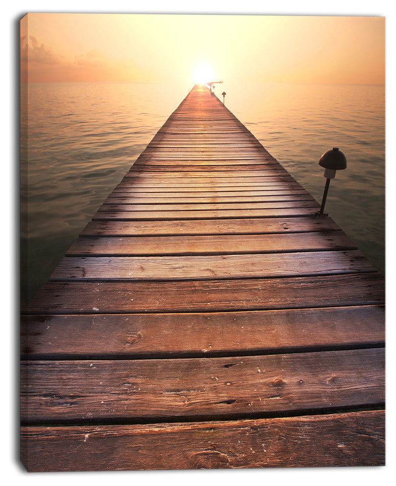 Long Wooden Boardwalk into Sea, Seashore Canvas Art Print, 12"x20"