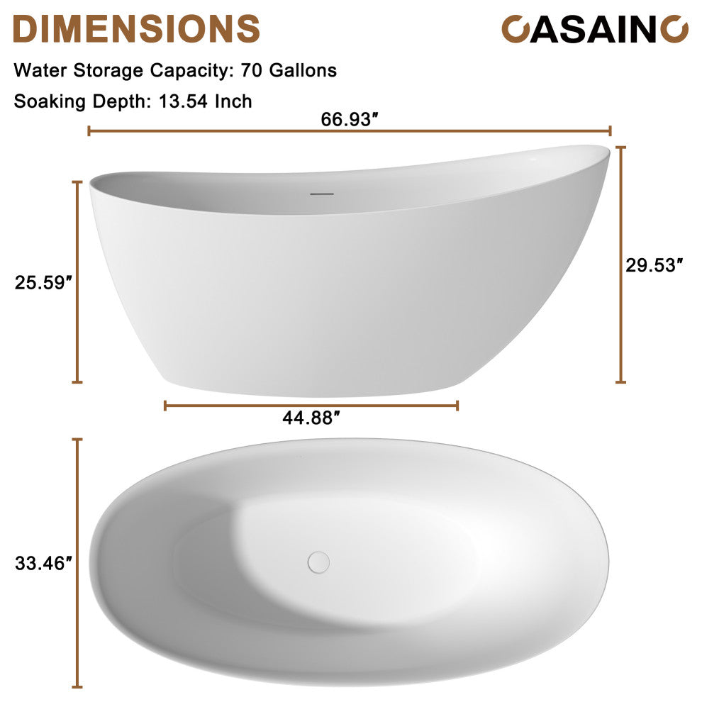 59in White Solid Surface Freestanding Soaking Bathtub with Drain, 67in