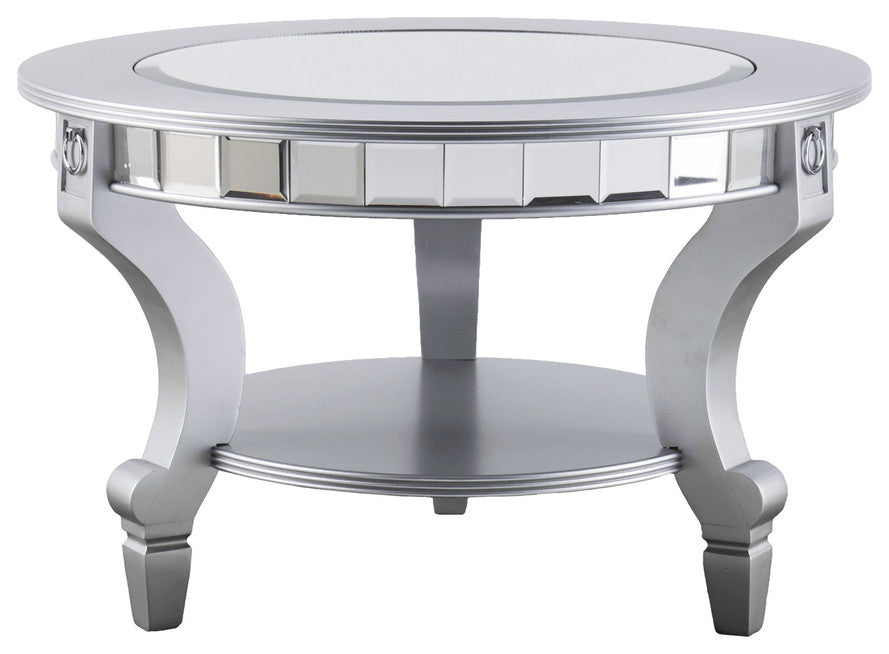 29" Silver Mirrored And Metal Round Mirrored Coffee Table