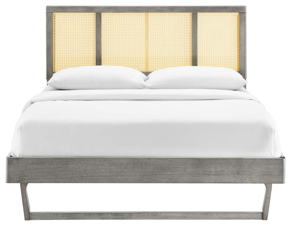 Kelsea Cane and Wood Full Platform Bed With Angular Legs MOD-6695-GRY