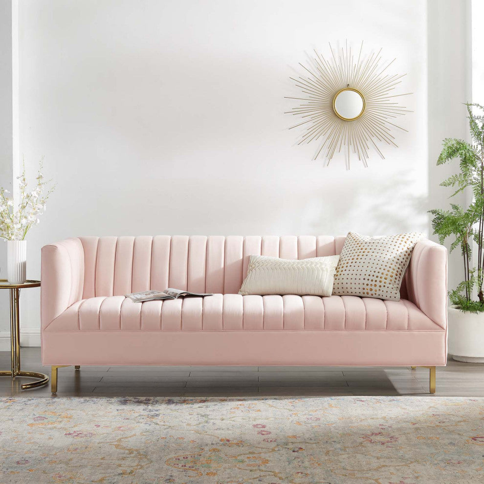 Tufted Sofa, Velvet, Pink, Modern, Living Lounge Room Hotel Lobby Hospitality