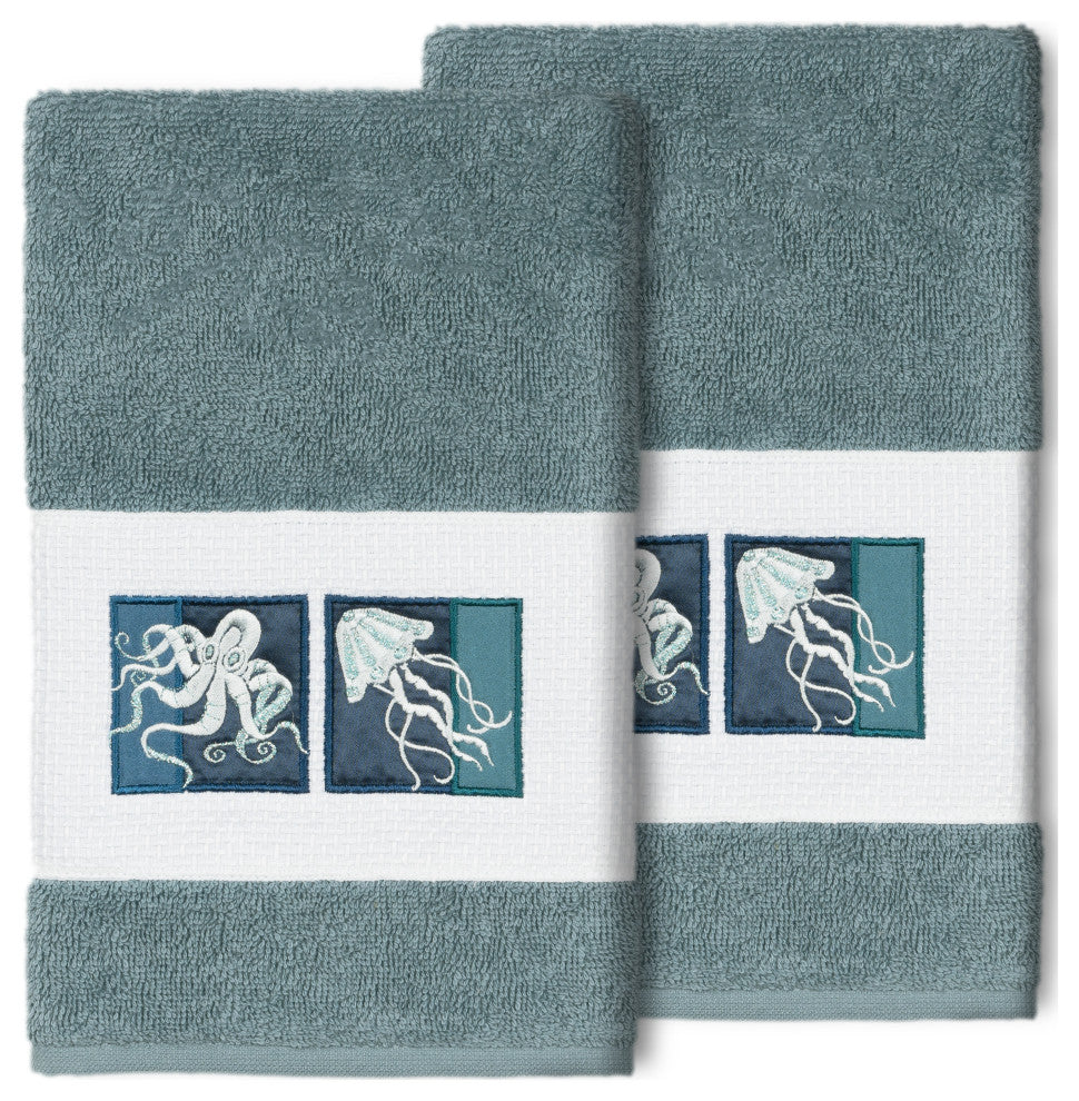 100% Turkish Cotton Ava 2-Piece Embellished Hand Towel Set, Teal