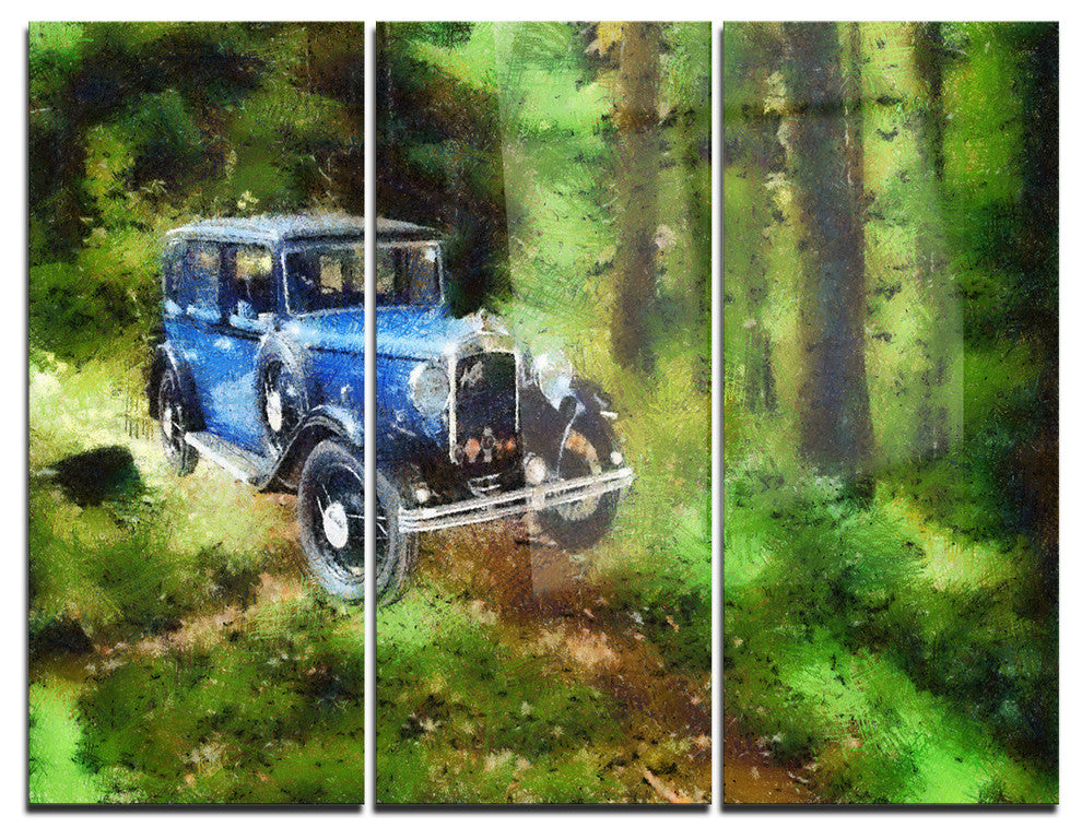"Dark Blue Vintage Car Oil" Painting Metal Wall Art, 3 Panels, 36"x28"