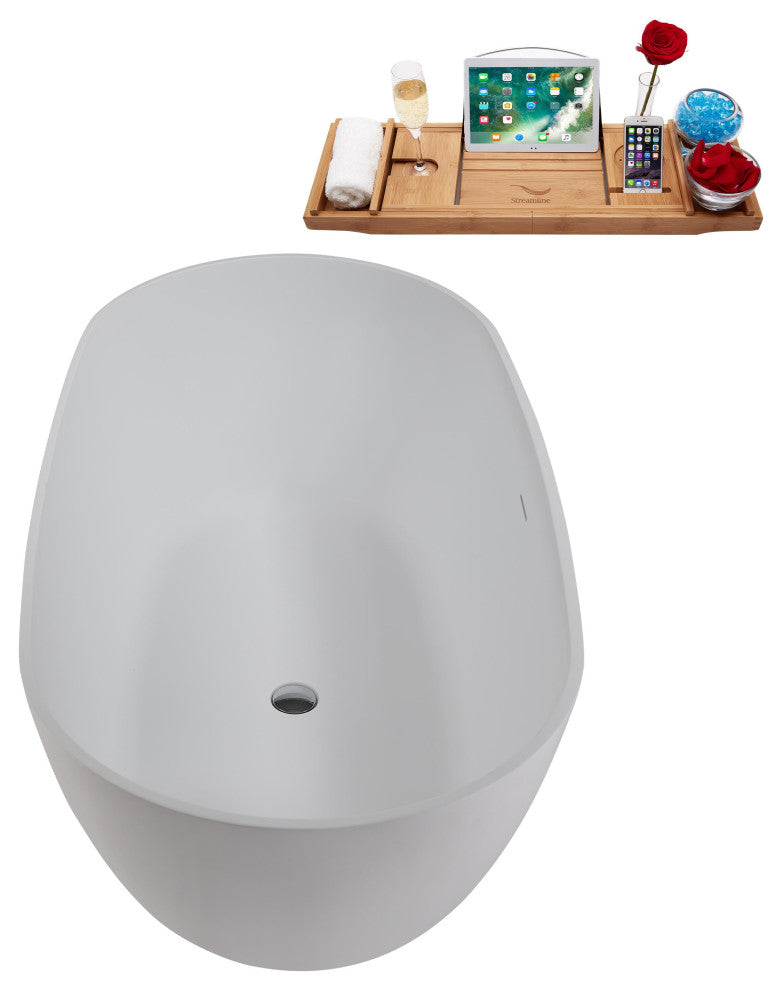 59" Streamline NS5860CH Matte White Stone Resin Bathtub, Tray With Chrome Drain