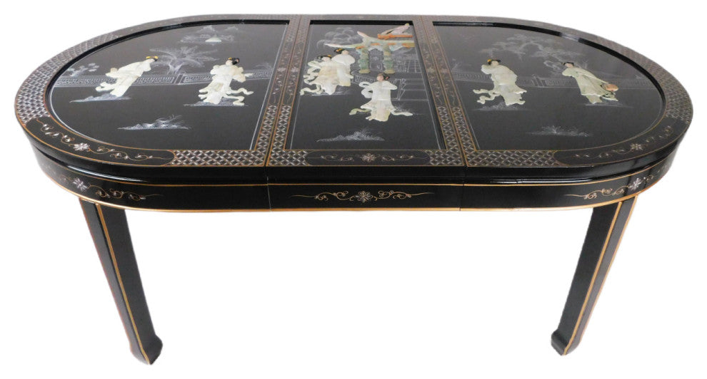 Black Lacquered With Mother Of Pearl Oriental Dining Table Set
