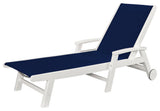 Coastal Chaise With Wheels, White / Navy Blue Sling