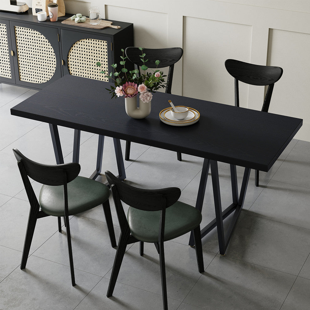 63" Rectangular Dining Table Black Solid Wood Table Top Square Metal Base, Black