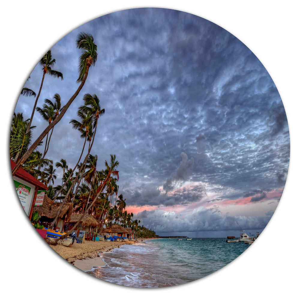 Long Palm Trees Bent To Beach, Seashore Art Disc Metal Artwork, 23"